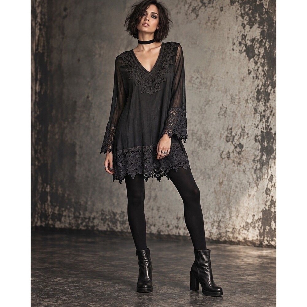 Alfani Whimsigoth Mesh Embroidered V-neck Tunic Top Womens L Black Fairy Grunge